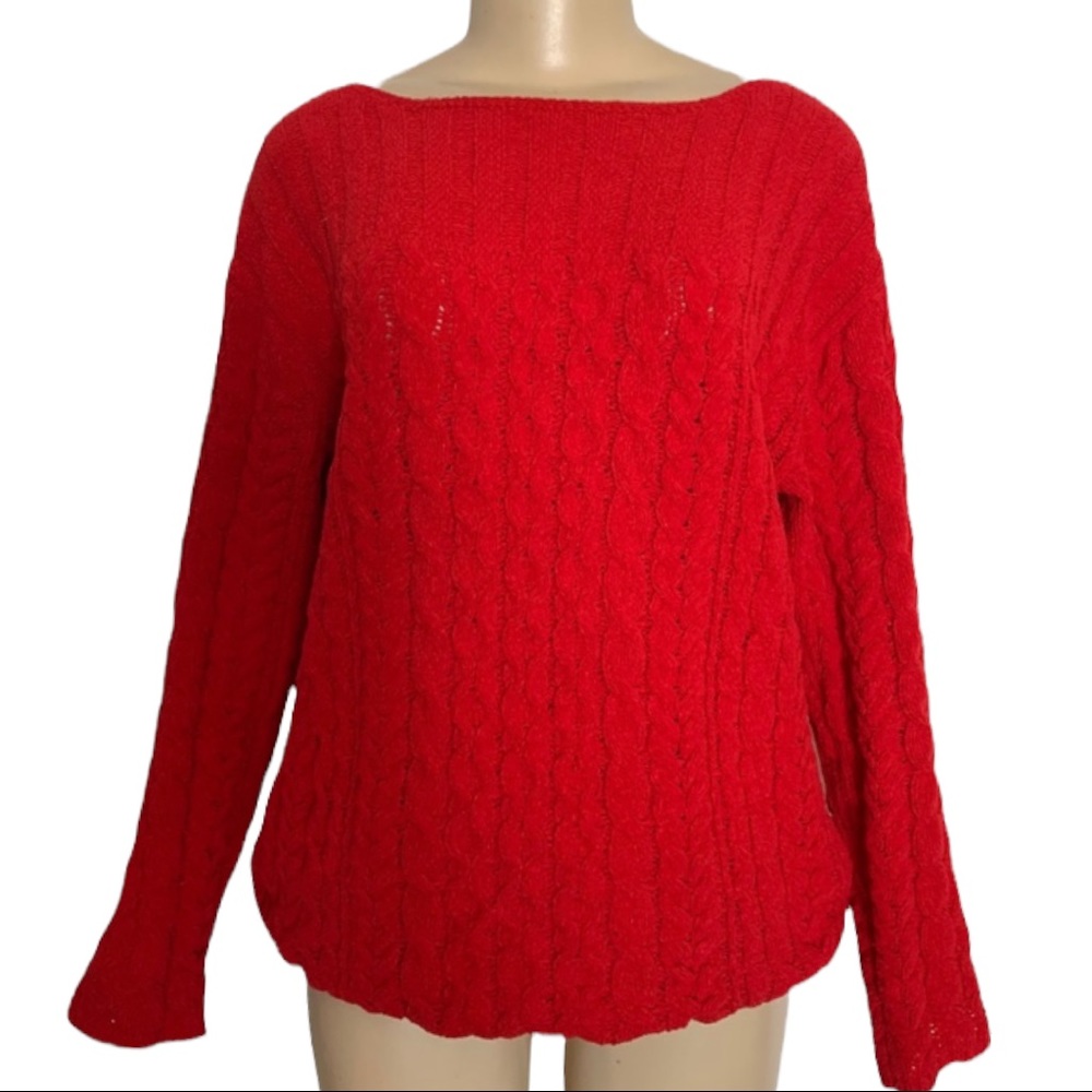 J Jill Cable Knit Ribbed Crew Neck Bold Red Super Soft Sweater
